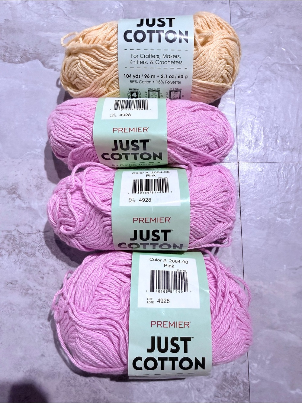Lot of 4 Premier Just Cotton Yarn Skeins - Worsted Medium 4 (3 Pink, 1 yellow)
